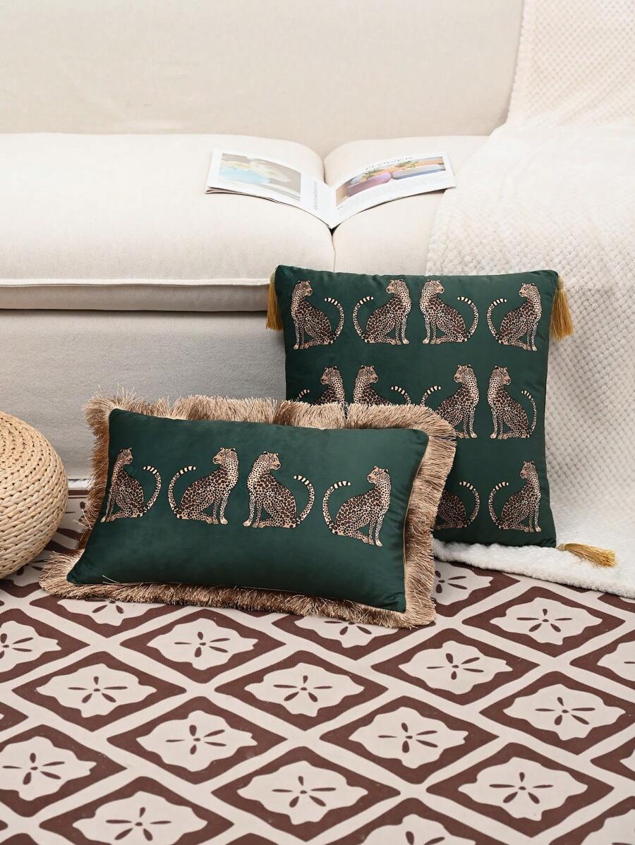 1pc Leopard Print Fringed Floral Lace Crafted Pillow Case Made Of Dutch Plush, Without Pillow Core, Suitable For Sofa Bedroom Decoration, All Seasons - Green - View 1