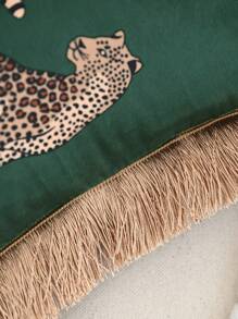 1pc Leopard Print Fringed Floral Lace Crafted Pillow Case Made Of Dutch Plush, Without Pillow Core, Suitable For Sofa Bedroom Decoration, All Seasons - Green - View 5