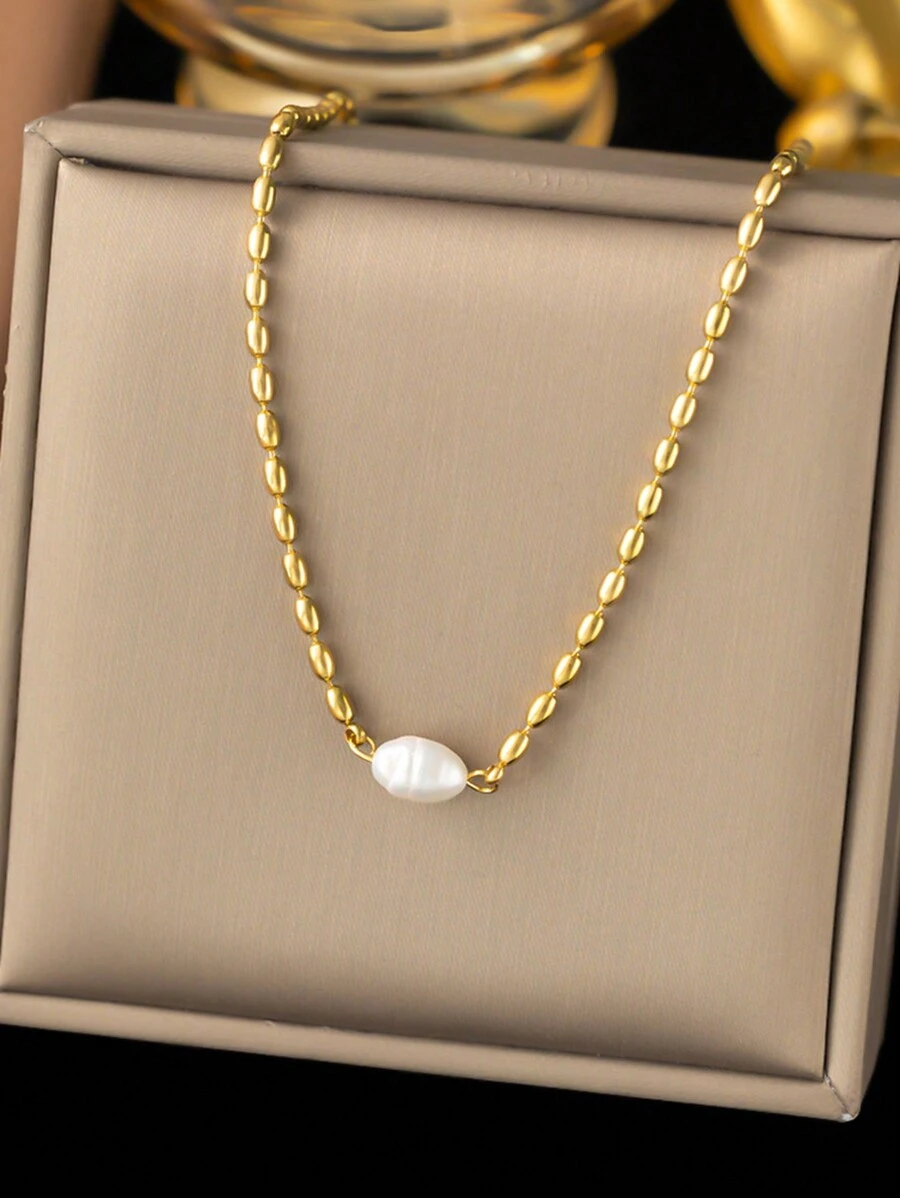 VceTd Vòng cổ bằng thép không gỉ mạ vàng 18K sang trọng nhẹ nhàng được trang trí bằng ngọc trai trắng thích hợp cho các bạn nữ đeo trong các bữa tiệc tối hoặc đám cưới. - Vàng - Xem 1