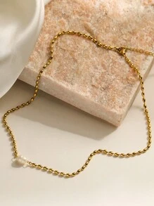 VceTd Vòng cổ bằng thép không gỉ mạ vàng 18K sang trọng nhẹ nhàng được trang trí bằng ngọc trai trắng thích hợp cho các bạn nữ đeo trong các bữa tiệc tối hoặc đám cưới. - Vàng - Xem 3