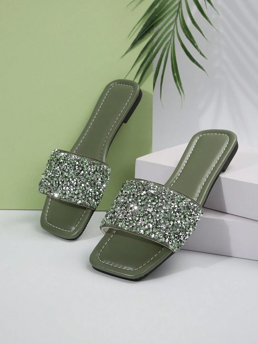 Women's Flat Slip-On Sandals With Rhinestone Decoration, Fashionable, High-Class And Versatile Square Toe Slippers For Outdoor, Plus Size - Green - View 1