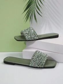 Women's Flat Slip-On Sandals With Rhinestone Decoration, Fashionable, High-Class And Versatile Square Toe Slippers For Outdoor, Plus Size - Green - View 2