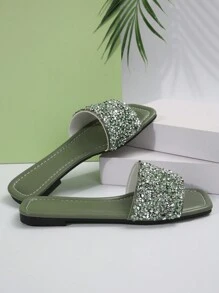 Women's Flat Slip-On Sandals With Rhinestone Decoration, Fashionable, High-Class And Versatile Square Toe Slippers For Outdoor, Plus Size - Green - View 3