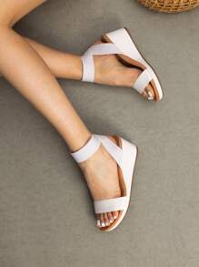 Women's Black Slip On Open Toe Elastic Ankle Strap Platform Comfortable Commuting  Wedge Sandals - White - View 4