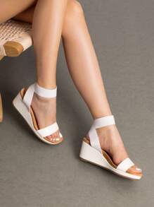 Women's Black Slip On Open Toe Elastic Ankle Strap Platform Comfortable Commuting  Wedge Sandals - White - View 3