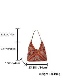 大容量便携式女士波西米亚风格编织草编单肩包中号手提包带手柄适合少女、女大学生，非常适合学校、大学、户外、郊游、购物、海滩必备品、夏季必备女士包包，适合度假和度假，时尚柳条包 - 橘色 - 查看 5
