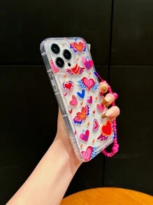 日韓風格愛心印花tpu防震殼,配有粉色愛心手環,兼容iphone - 無色 - 查看 2