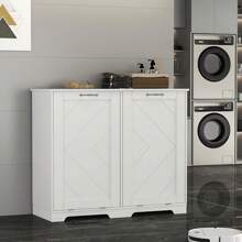 Tilt Out Kitchen Trash Bin Cabinet, Dog Proof Garbage Can With Wood Holder Free Standing Recycling, White - 白色 - 查看 3