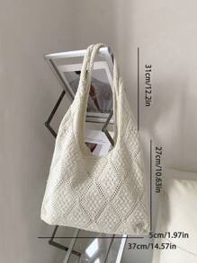 Women's Crocheted Tote Bag, Hollow Solid Color, Vacation Style For Going Out Shopping.