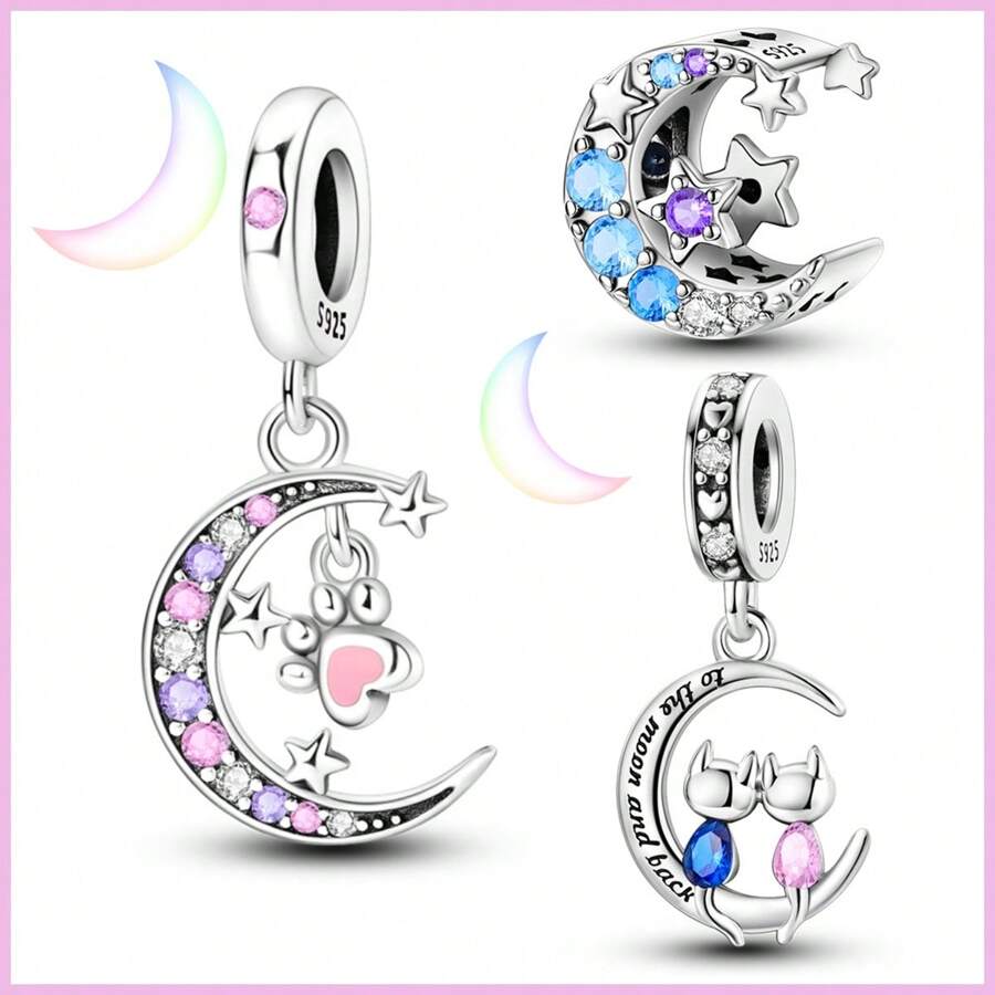 1入組925純銀月亮和星星鋯石嵌入的吊飾珠,適用於diy首飾製作,送禮女士生日禮物,適用於夫妻手環和項鍊 - 月亮 - 查看 1