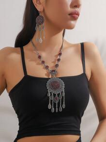 3pcs/Set Metallic Fan Shaped Hollow Out Pendant Necklace With Rhinestone Decoration, Random Color - Vintage Necklace Set - View 14