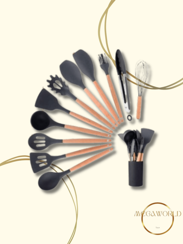 Kit Utensílios Com 12 Peças De Cozinha Colheres Espatula Silicone Cores Variadas Cabo Madeira Decoração Envio Imediato