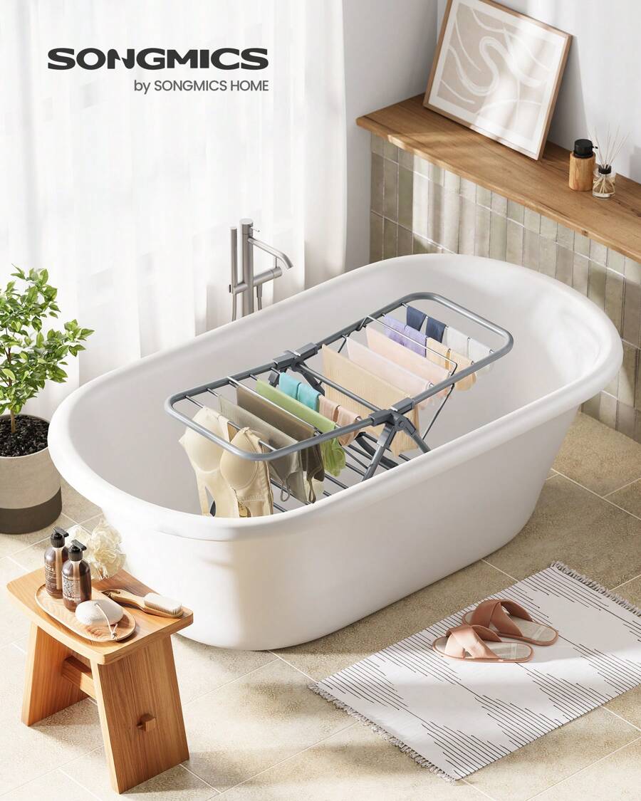 SONGMICS Petit Étendoir à Linge, Séchoir Pliable à 2 Niveaux, Gain de Place, en Métal, pour Petits Vêtements, Serviettes, Salle de Bain, Balcon, 44 x 101 x 54 cm, Blanc Nuage/Gris Tourterelle - Gris tourterelle 44 x 101 x 54 cm (P x L x H) - Voir 1