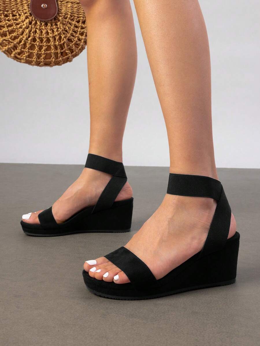Women's Black Slip On Open Toe Elastic Ankle Strap Platform Comfortable Commuting Wedge Sandals - màu đen - Xem 1