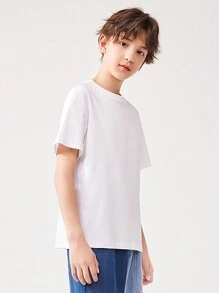 Áo thun thể thao thông thường Tween Boy 1 màu trơn cho mùa xuân và mùa hè - trắng - Xem 2