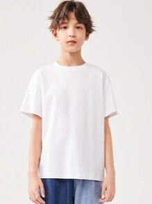 Áo thun thể thao thông thường Tween Boy 1 màu trơn cho mùa xuân và mùa hè - trắng - Xem 1