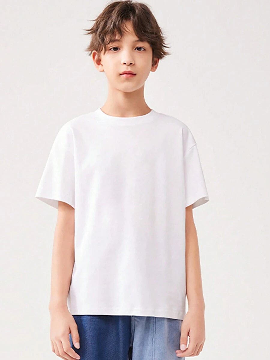 Áo thun thể thao thông thường Tween Boy 1 màu trơn cho mùa xuân và mùa hè - trắng - Xem 1