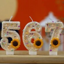 1 pieza Vela decorativa de pastel hecha a mano Vela en forma de dígitos del 0 al 9 Vela de cumpleaños Velas con decoración de flores girasoles para crear ambiente, Navidad