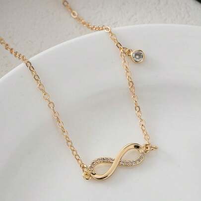 1pc Luxury Infinity Symbol Cubic Zirconia Inlaid Collarbone Chain Golden Women's Necklace