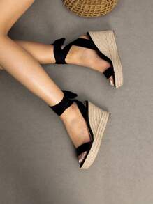 Women's Platform Wedges  Sandals Open Toe Espadrilles Tie Lace Up Cute Fashion Ankle Strap  Dressy Summer Shoes - 黑色 - 查看 4