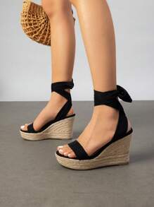 Women's Platform Wedges  Sandals Open Toe Espadrilles Tie Lace Up Cute Fashion Ankle Strap  Dressy Summer Shoes - 黑色 - 查看 3