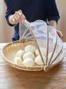 1pc Bamboo Product Insect-Proof Cover Basket For Sun-Drying, Farming, Sifting, Storage, Bread, Fruit With Net