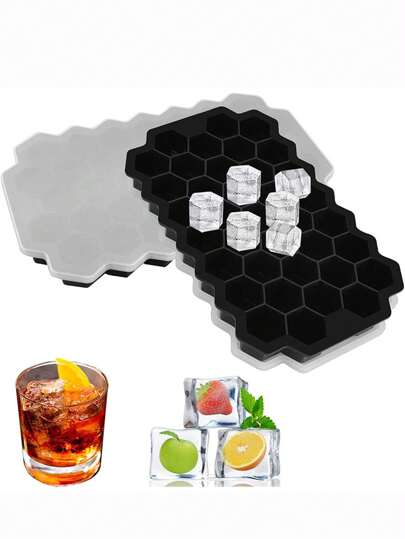 1pc Silicone Ice Cube Mold With Clear Silicone Lid, Creative Honeycomb-Shaped Ice Cube Tray, 37 Grids To Prevent Dust/ Odor, Easy To Release Ice Cubes, Suitable For Household Refrigerator Ice Box