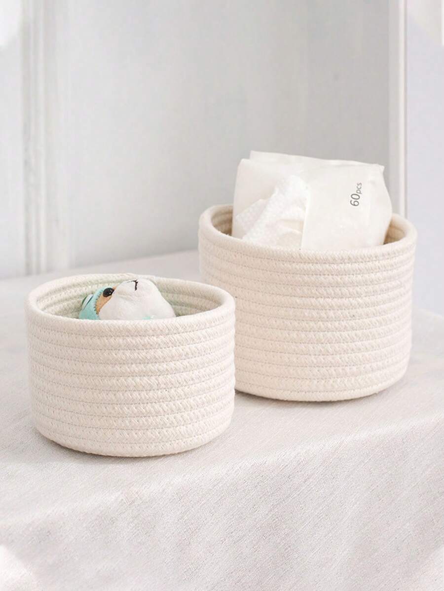 1入裝繩編收納籃,手工編織收納箱,可用於擺放桌上的鑰匙、錢包和小物品 - 白色 - 查看 1