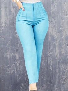 Pantalon de vestir de pinzas de dama strech - Azul - Ver 1