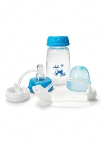 1pc 5oz/150ml Hands-Free Normal-Neck Blue Baby Bottle Set With Straw Brush, Self-Feeding Pp Feeding Bottle, For Christmas