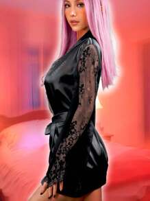 Bata de Seda de Hielo con Mangas de Encaje y Cinturón Listón, Bata de Noche Dormir - Negro - Ver 1