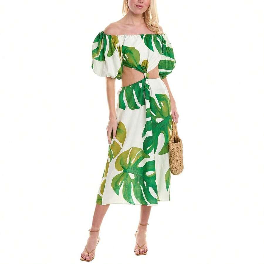 farm-rio-farm-rio-monstera-cutout-waist-linen-blend-midi-dress-shein-usa