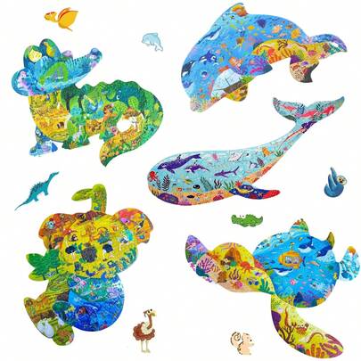 1 Box Ocean Animal Jigsaw Puzzles, Featuring Dolphins, Hippos, Koalas, Fish, Crocodiles, Turtles, Family Puzzle Game Toys, Children's Educational Birthday Gift, Best Household Game For All Ages!