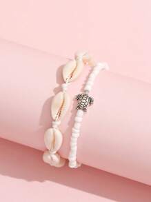 2pcs Natural Shell & Alloy Turtle & Rice Beads Design Women Beach Anklet Set - White - View 2