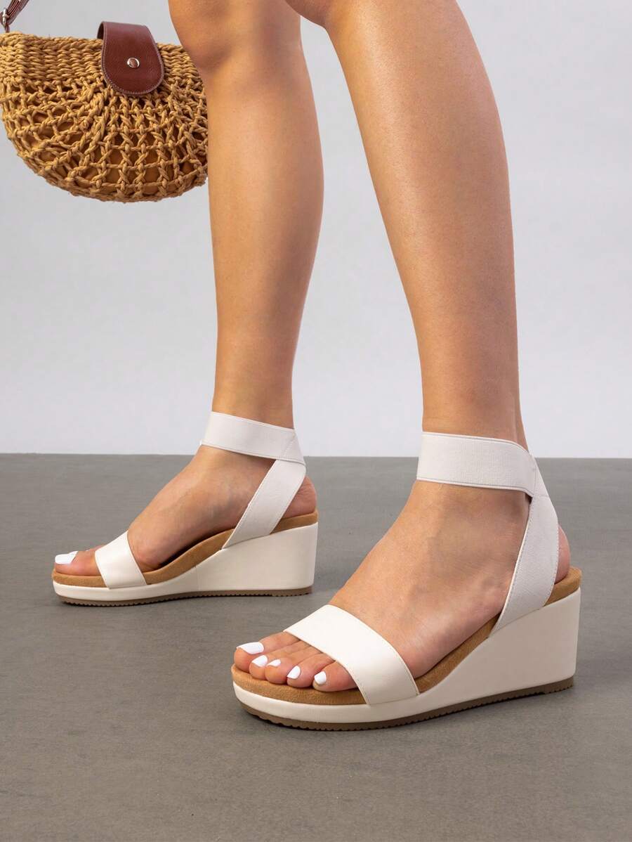 Women's Black Slip On Open Toe Elastic Ankle Strap Platform Comfortable Commuting Wedge Sandals - White - View 1