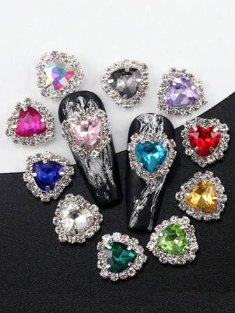 10件套日本网红美甲饰品指甲彩绘爪钻饰品金银镶嵌钻石底托34色闪亮心形钻石指甲吊饰DIY美甲产品美甲用品指甲饰品指甲宝石