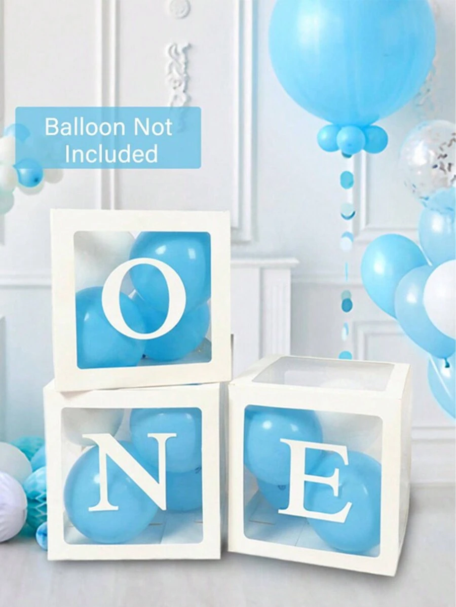 6pcs/Set 25cm White Transparent Box&"ONE", Decorated Balloon Storage Box, 1st Birthday Party Decoration Gift Box, Babe Shower Party Decor Balloon Box, One Year Old Party Favor, Background Photography Props