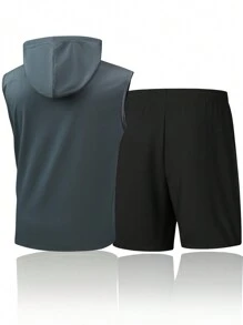 男士夏季休闲运动套装圆领短袖T恤和宽松跑步健身服 - 灰色 - 查看 3