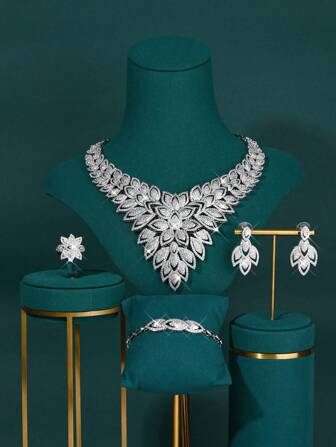 4 件套沙特阿拉伯铜质闪亮方晶锆石新娘首饰套装，中东迪拜项链、耳环、戒指、手链、婚礼配饰，情人节女士礼物