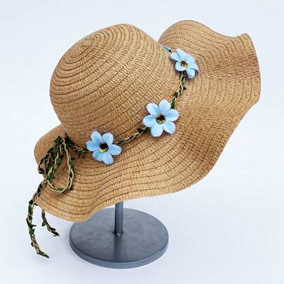 1pc Vrouwen Bloem Versierde Geweven Stro Hoed Met Brede Rand En Verstelbare Hoofdband Voor Bescherming Tegen De Zon, Geschikt Voor Dagelijkse Uitjes, Strand, Vakantie, enz. Verschillende Kleuren Beschikbaar Boho Valentijnsdag