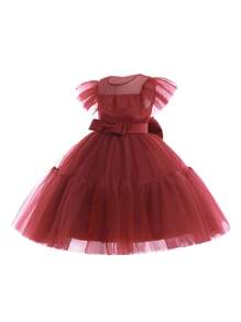 Young Girl Six-One Children's Day Performance Dress With Bowknot & Puffy Skirt, Ideal As Birthday Gift - Burgundy - View 3