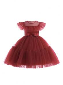 Young Girl Six-One Children's Day Performance Dress With Bowknot & Puffy Skirt, Ideal As Birthday Gift - Burgundy - View 1