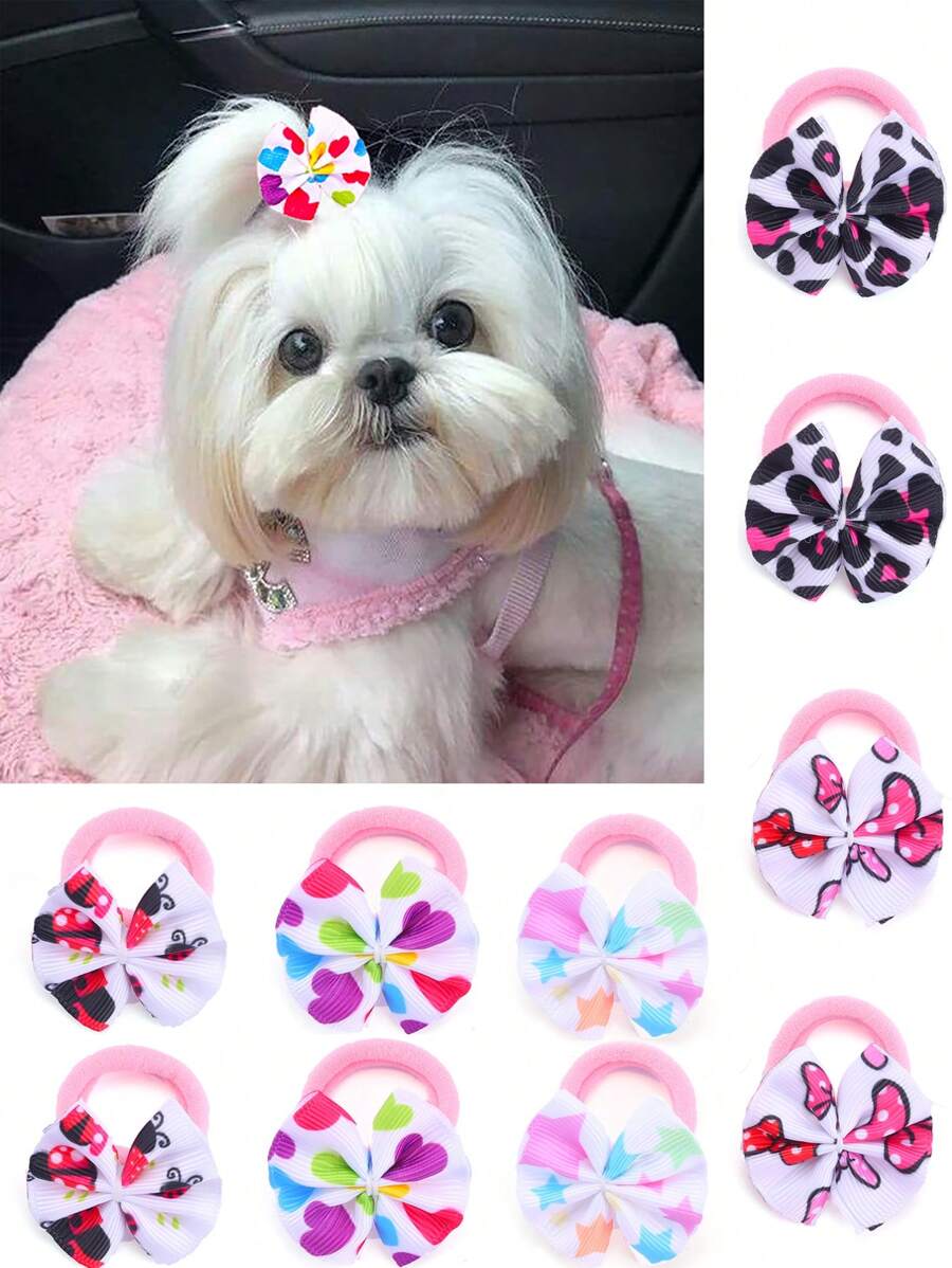 10入組心形星形圖案寵物頭飾,含橡皮筋狗狗蝴蝶結,可愛小狗約克夏犬毛髮美容造型打結,寵物頭髮配件,寵物用品 - 彩色 - 查看 1