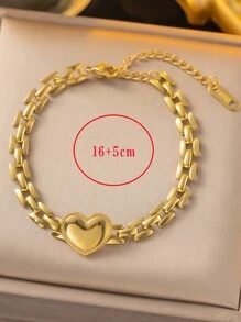 1 szt. Bransoletka z ciężkiego łańcuszka ze stali nierdzewnej w kolorze złotym, serce, modny codzienny dodatek do biżuterii, bez pudełka na prezent Walentynki, mama, matka, dzień matki, prezent - Złoto - Zobacz 3