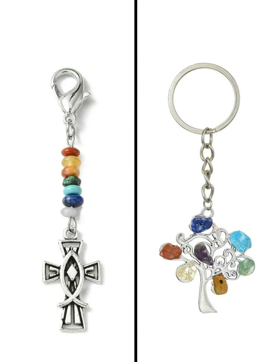 1入組合金吊墜七彩石和紫水晶和藍色金石和生命之樹和十字形DIY鑰匙扣波西米亞風格 - 彩色 - 查看 1