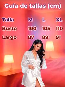 Bata de Seda de Hielo con Mangas de Encaje y Cinturón Listón, Bata de Noche Dormir - Negro - Ver 2