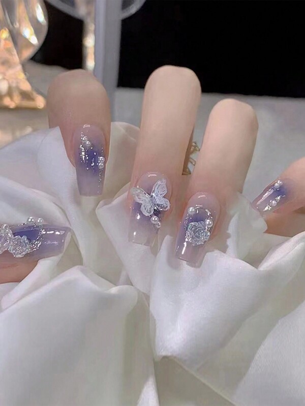 Press On Nails 24 Pieces Of Short Square Cartoon Cute Butterfly Style Fingernails Nail Supplies Nails