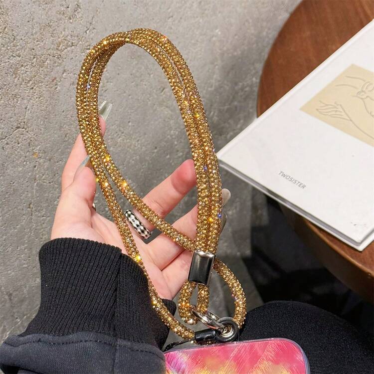 水钻装饰手机链和挂绳，女士奢华水钻吊坠 - 金色 - 查看 1