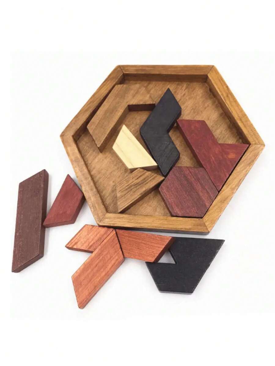 1 PC Hexagonal Wooden Geometric Puzzle, Children's Educational Toy, Birthday Gift, Christmas Gift, Jigsaw Puzzle Games, Brain Burning Games, Christmas Presents,Christmas,Wooden Toys,Puzzle,Kids Games,Wood Puzzles,Wood Burning - Brown - View 1