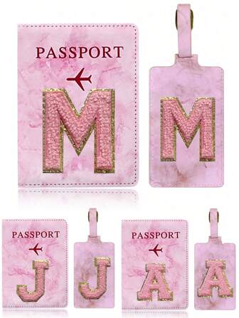 Valigetta da viaggio in PU alla moda con ricamo con scritte, etichette di bagaglio con nome di bagaglio adatti per etichetta dell'indirizzo valigia e custodia per passaporto, portafoglio per passaporto da viaggio per donne e uomini, accessori da viaggio portatili, portacarte, portafoglio per valigia con un set di etichette per bagagli e custodia per passaporto, Set di accessori da viaggio per vacanze di San Valentino, honeymoon, il periodo delle vacanze.